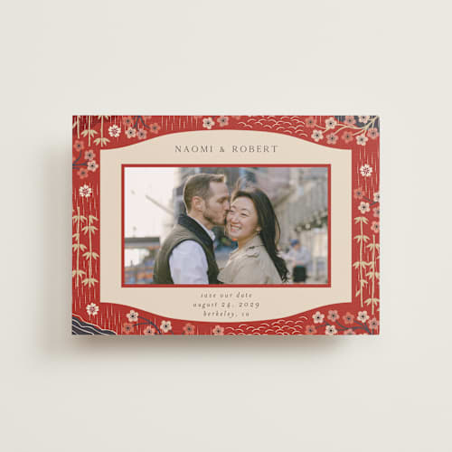 This is a rose petite save the dates with standard by Jennifer Holbrook called japanese textile printing on recycled smooth signature in petite