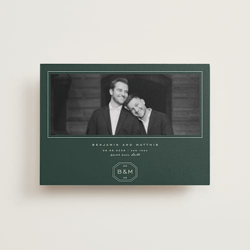 This is a garden petite save the dates with standard by Blustery August called beignet printing on recycled smooth signature in petite