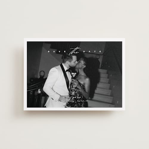 This is a diamond petite save the dates with standard by Eric Clegg called casual elegance printing on recycled smooth signature in petite