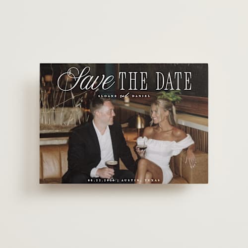 This is a porcelain petite save the dates with standard by Maria Alou called his & hers printing on recycled smooth signature in petite