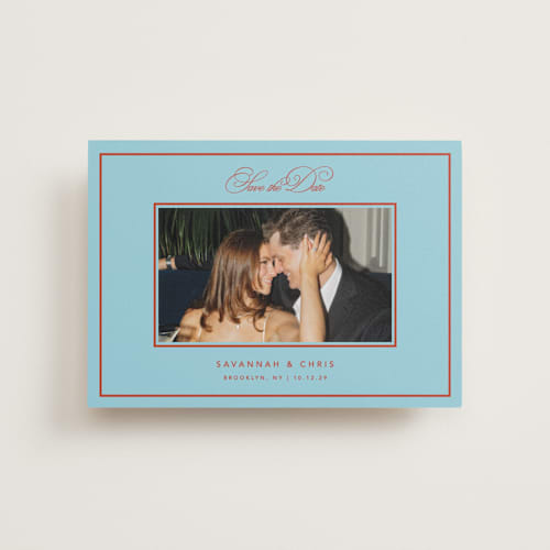 This is a sky petite save the dates with standard by Kelly Watkins called vivid printing on recycled smooth signature in petite