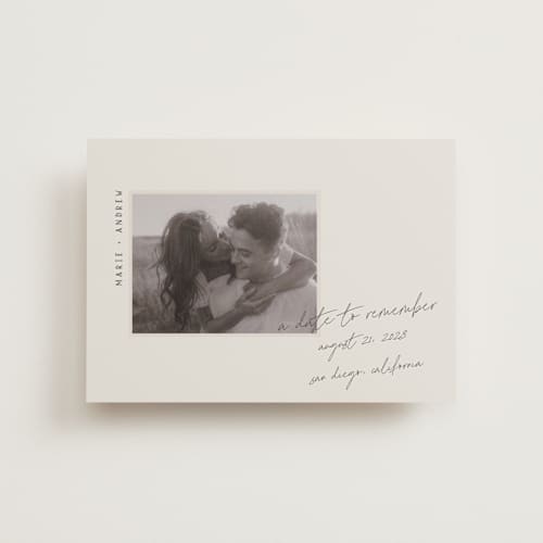 This is a truffle petite save the dates with standard by Vera Lim called offset printing on recycled smooth signature in petite