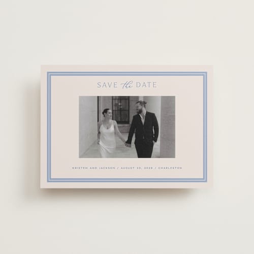 This is a periwinkle petite save the dates with standard by Hooray Creative called twin border printing on recycled smooth signature in petite