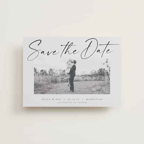 This is a ash petite save the dates with standard by AK Graphics called flash dance printing on recycled smooth signature in petite