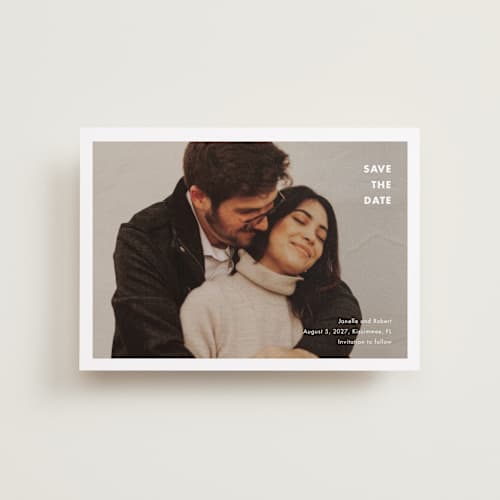 This is a cotton petite save the dates with standard by Stacey Meacham called minimalist border printing on recycled smooth signature in petite
