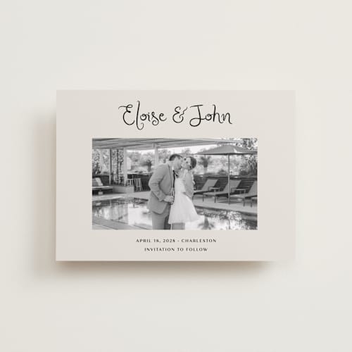 This is a tuxedo petite save the dates with standard by Megan Davis called camellia printing on recycled smooth signature in petite