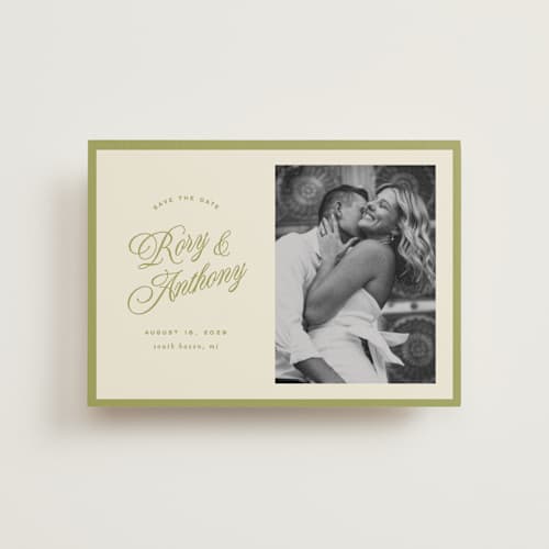 This is a olive petite save the dates with standard by Ellen Schlegelmilch called rory printing on recycled smooth signature in petite
