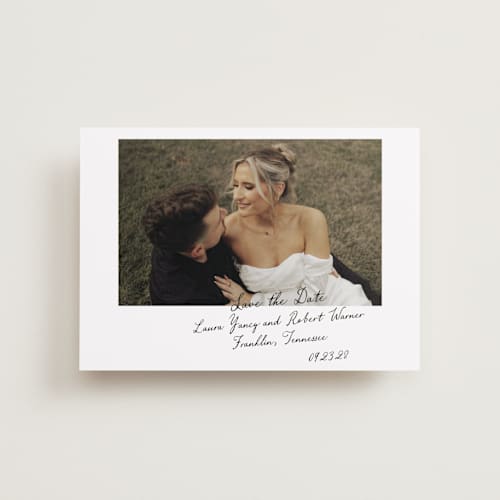 This is a snow petite save the dates with standard by Sara Hicks Malone called vintage script printing on recycled smooth signature in petite