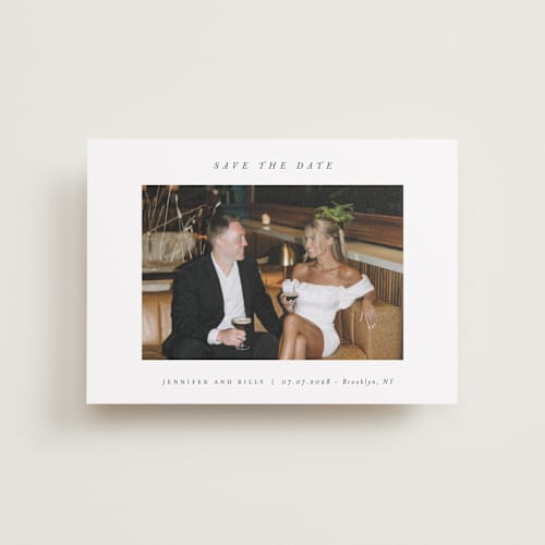 This is a chantilly petite save the dates with standard by Pippa Shaw called espresso printing on recycled smooth signature in petite