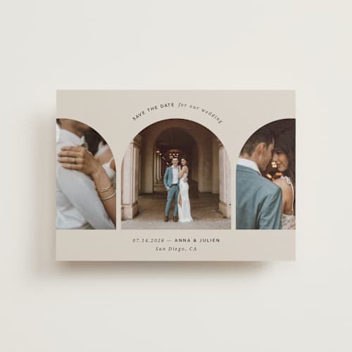 This is a sand petite save the dates with standard by Kristin Oliversen called pure elegance printing on recycled smooth signature in petite