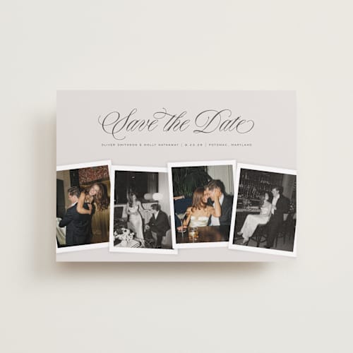 This is a creme petite save the dates with standard by Erin L. Wilson called simple snapshots printing on recycled smooth signature in petite