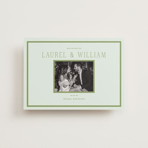 This is a forest petite save the dates with standard by Sara Hicks Malone called dewberry printing on recycled smooth signature in petite