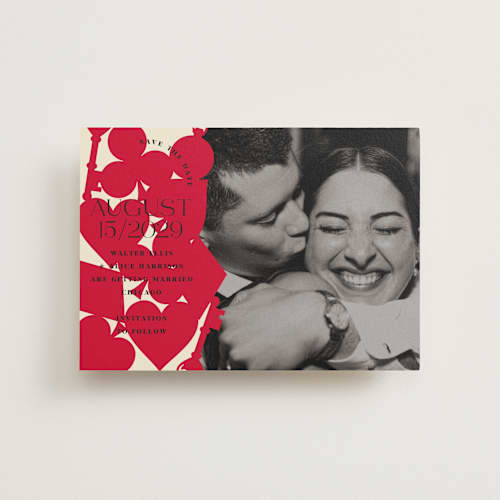 This is a ruby petite save the dates with standard by Baumbirdy called pair of hearts from disney's alice in wonderland printing on recycled smooth signature in petite