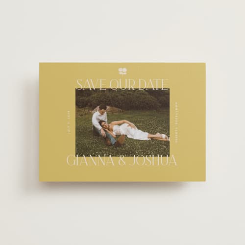 This is a summer citrus petite save the dates with standard by Vera Lim called the gallery printing on recycled smooth signature in petite