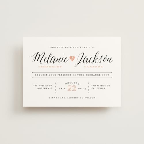 This is a petal petite wedding invitations with standard by Sarah Curry called heartbeat printing on signature in petite