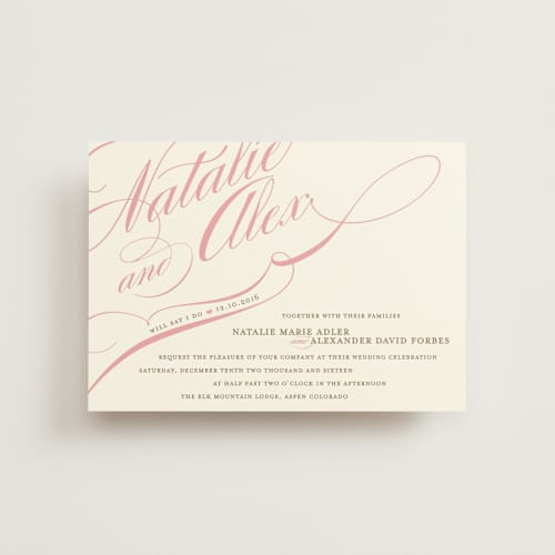 This is a petal pink petite wedding invitations with standard by Annie Clark called winter flourish printing on signature in petite
