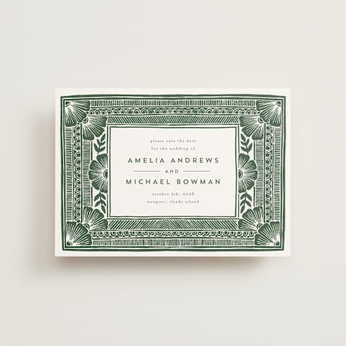 This is a fern petite save the dates with standard by Katharine Watson called block print frame printing on signature in petite