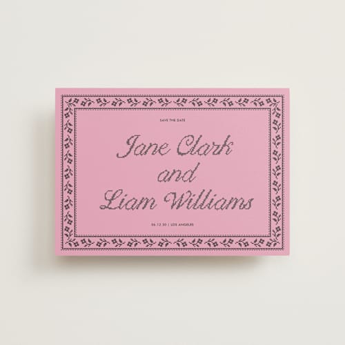 This is a bubblegum petite save the dates with standard by Kelly Watkins called avery printing on signature in petite