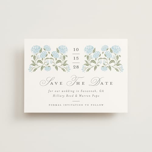 This is a nantucket petite save the dates with standard by Susan Zinader called hydrangea hedge printing on signature in petite