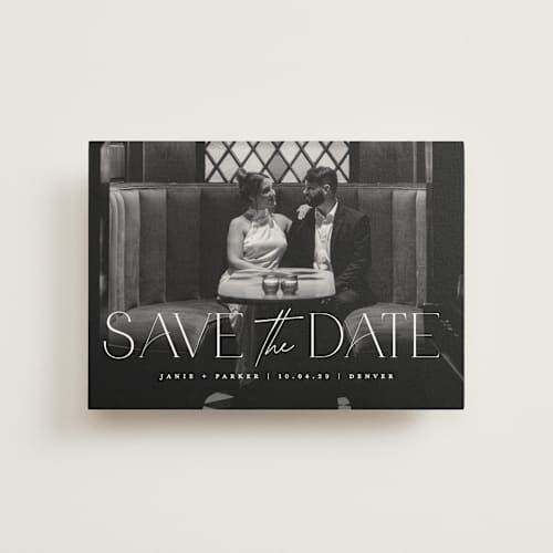 This is a pearl save the date postcards with standard by Jessica Corliss called simple elegance printing on signature in postcard