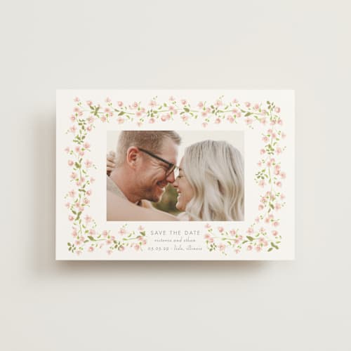 This is a peony save the date postcards with standard by Baumbirdy called rosebud printing on signature in postcard