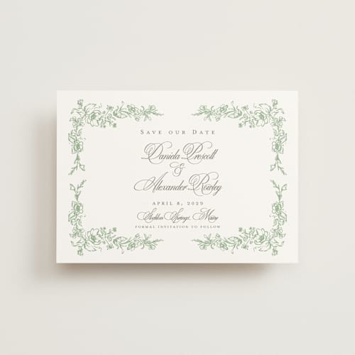 This is a mint save the date postcards with standard by Melinda Denison called romantic garden printing on signature in postcard