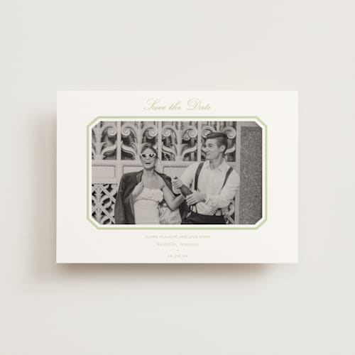 This is a mint save the date postcards with standard by Sara Hicks Malone called montgomery printing on signature in postcard