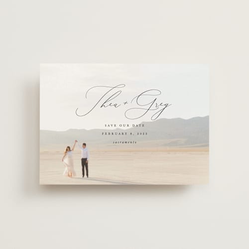 This is a graphite save the date postcards with standard by Snow and Ivy called enchantment printing on signature in postcard