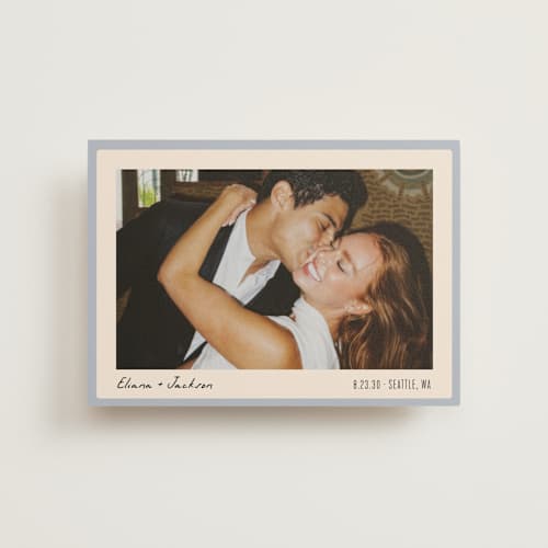 This is a sky save the date postcards with standard by Alethea and Ruth called snapshot border printing on signature in postcard