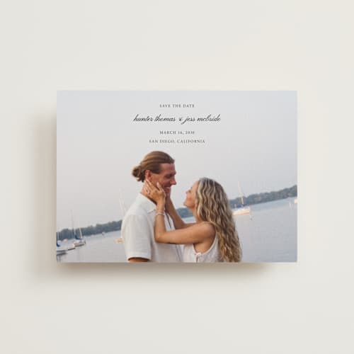 This is a tuxedo save the date postcards with standard by Michelle Buckner called horizon printing on signature in postcard