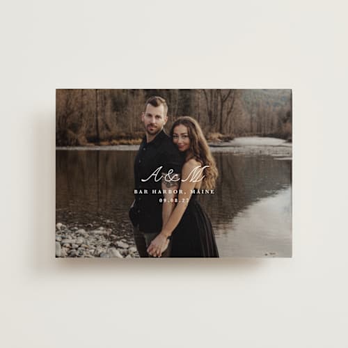 This is a pearl save the date postcards with standard by Up Up Creative called lettra printing on signature in postcard