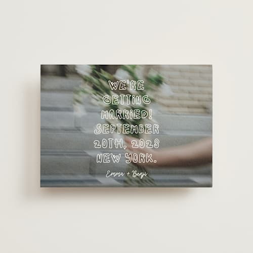 This is a vanilla save the date postcards with standard by Helena Vitto called cool kids printing on signature in postcard