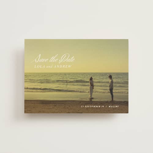 This is a pearl save the date postcards with standard by Stacey Day called essence printing on signature in postcard