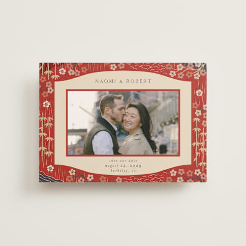This is a rose save the date postcards with standard by Jennifer Holbrook called japanese textile printing on signature in postcard