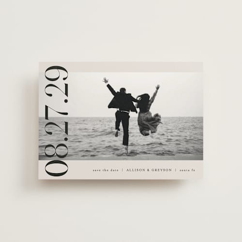 This is a ivory save the date postcards with standard by Pixel and Hank called all stacked up printing on signature in postcard