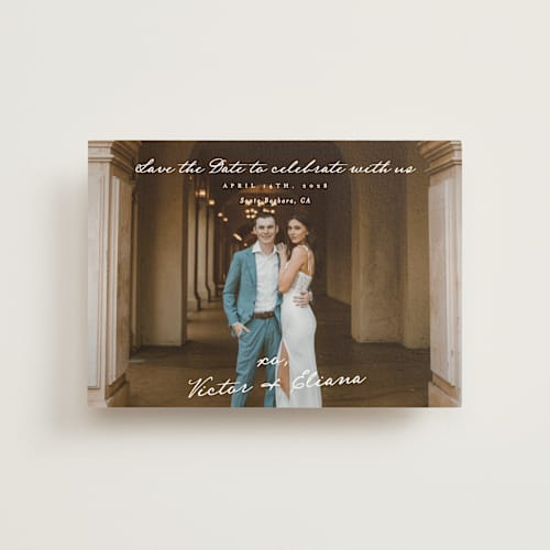 This is a ivory save the date postcards with standard by Alethea and Ruth called celebration xo printing on signature in postcard