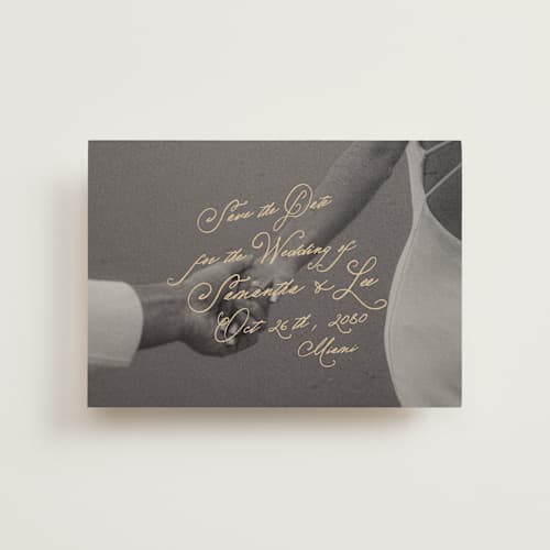 This is a wheat save the date postcards with standard by AK Graphics called twirl printing on signature in postcard