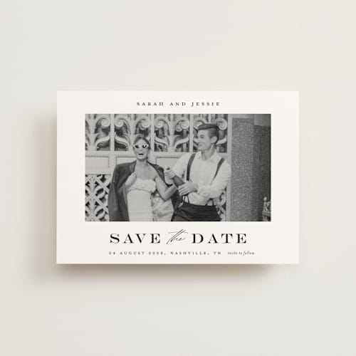 This is a midnight save the date postcards with standard by Stacey Meacham called classic charm printing on signature in postcard