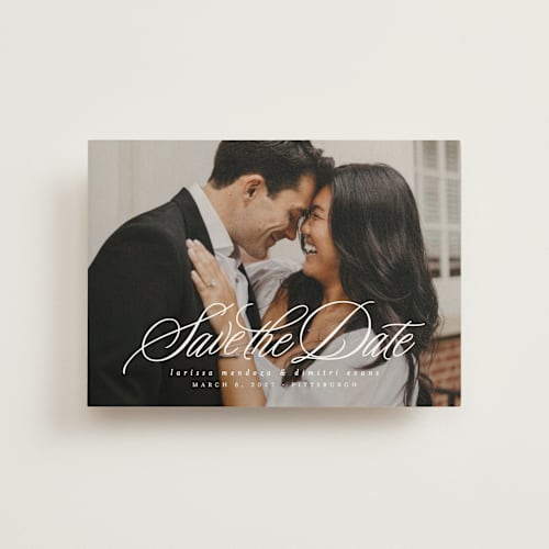 This is a pearl save the date postcards with standard by Lea Delaveris called lovely day printing on signature in postcard