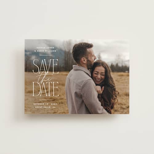 This is a cotton save the date postcards with standard by Owl and Toad called monument printing on signature in postcard