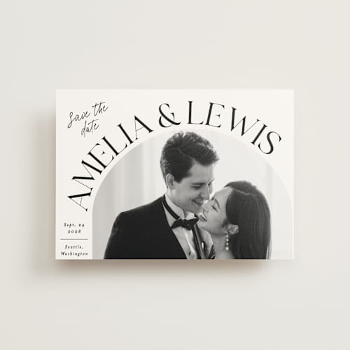 This is a ivory save the date postcards with standard by Alethea and Ruth called side curve printing on signature in postcard