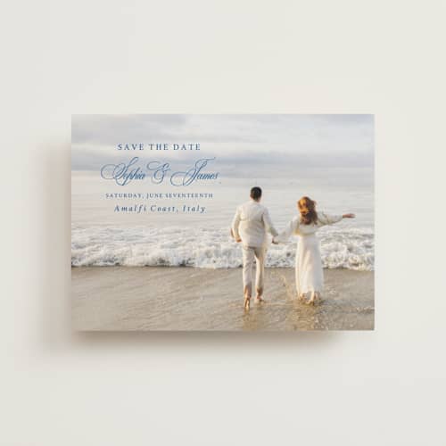 This is a blue mist save the date postcards with standard by Design Lotus called amalfi blue printing on signature in postcard