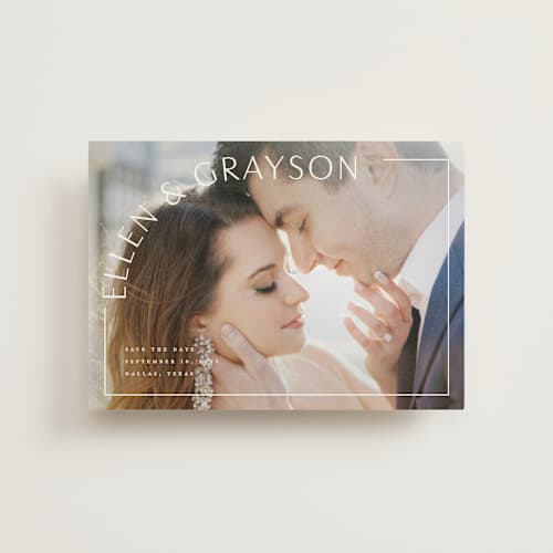 This is a snow save the date postcards with standard by Lauren Chism called take shape printing on signature in postcard