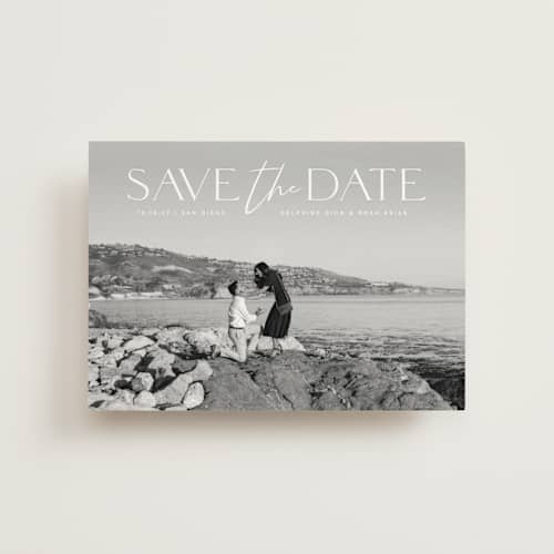 This is a moonstone save the date postcards with standard by Olivia Raufman called breathtaking printing on signature in postcard