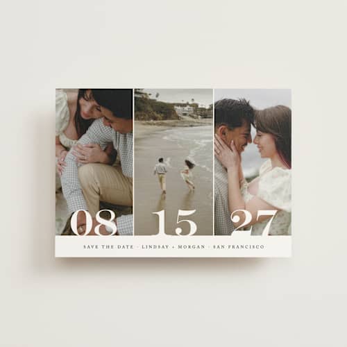 This is a noir save the date postcards with standard by Kimberly FitzSimons called trio printing on signature in postcard