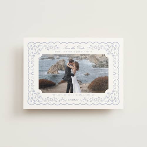 This is a something blue save the date postcards with standard by Erin L. Wilson called tillie printing on signature in postcard