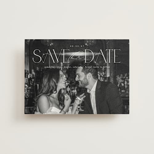 This is a pearl save the date postcards with standard by Brooke Chandler called elegant fete printing on signature in postcard