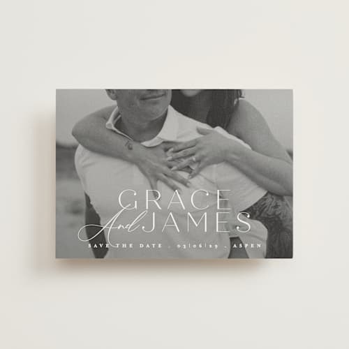 This is a snow save the date postcards with standard by Angela Thompson called namesake printing on signature in postcard