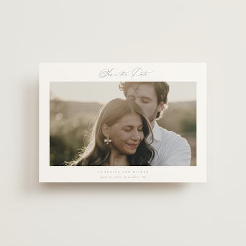 This is a dusty blue save the date postcards with standard by Stacey Meacham called modern air printing on signature in postcard