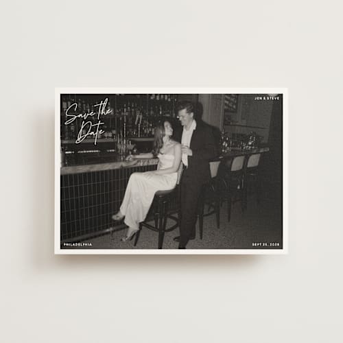 This is a cloud save the date postcards with standard by Inkblot Design called corners printing on signature in postcard